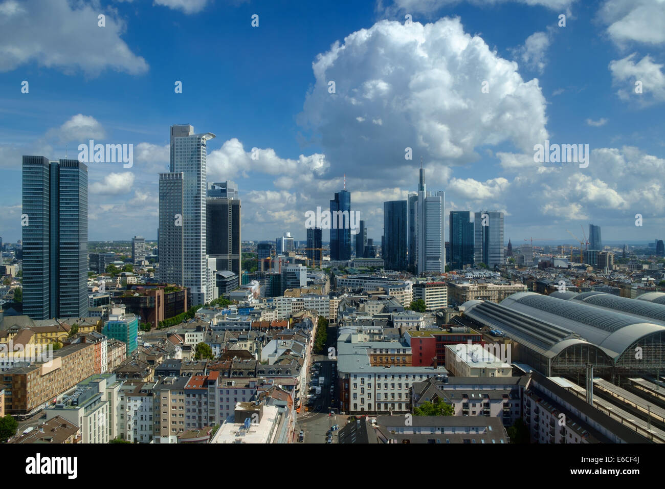 Skyline of Frankfurt under a partly cloudy sky, Germany Stock Photo