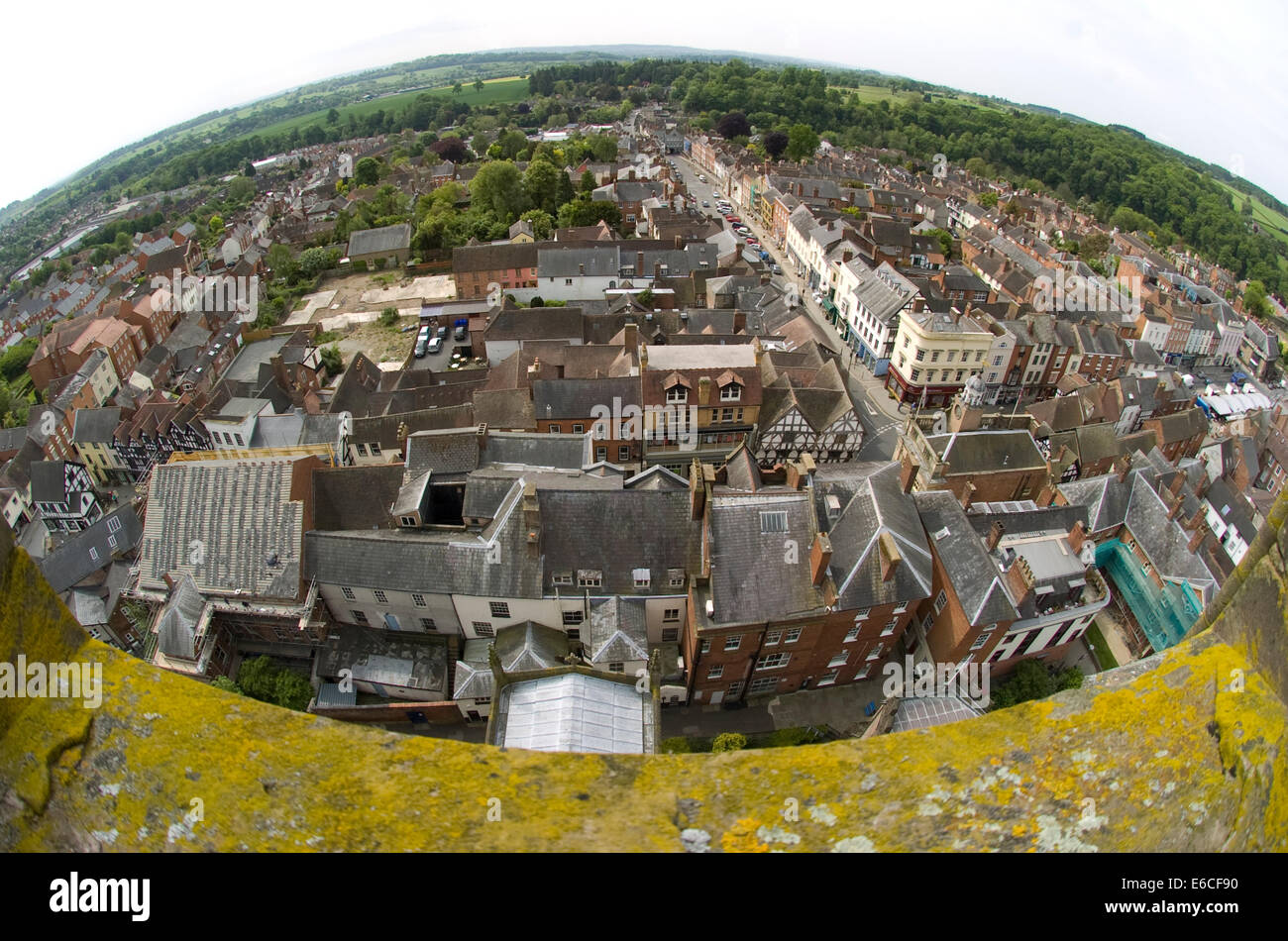 Birds Eye view over Ludlow and the Shropshire Hills from the top of the Parish Church of St Laurence, Ludlow Stock Photo