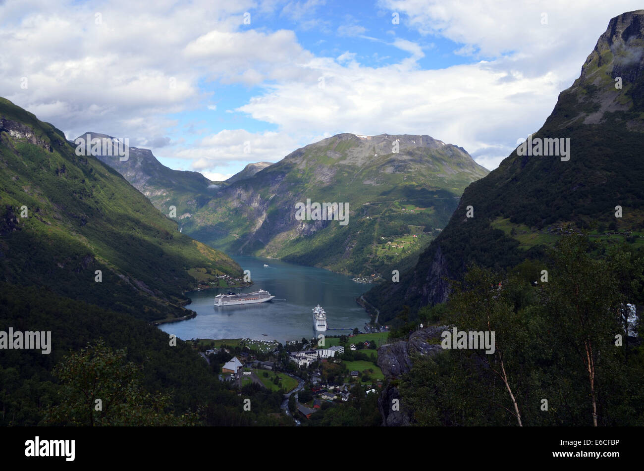 Geiranger fjord,one of the most beautiful in southern Norway.Sheer and rugged, steep and jagged,its foaming waterfallsadd beauty Stock Photo