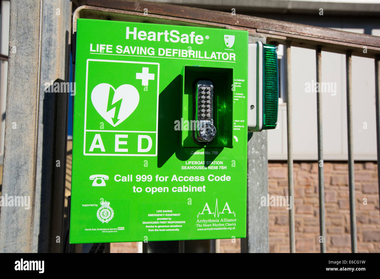 A heartsafe defibrillator in Seahouses, Northumberland, UK Stock Photo