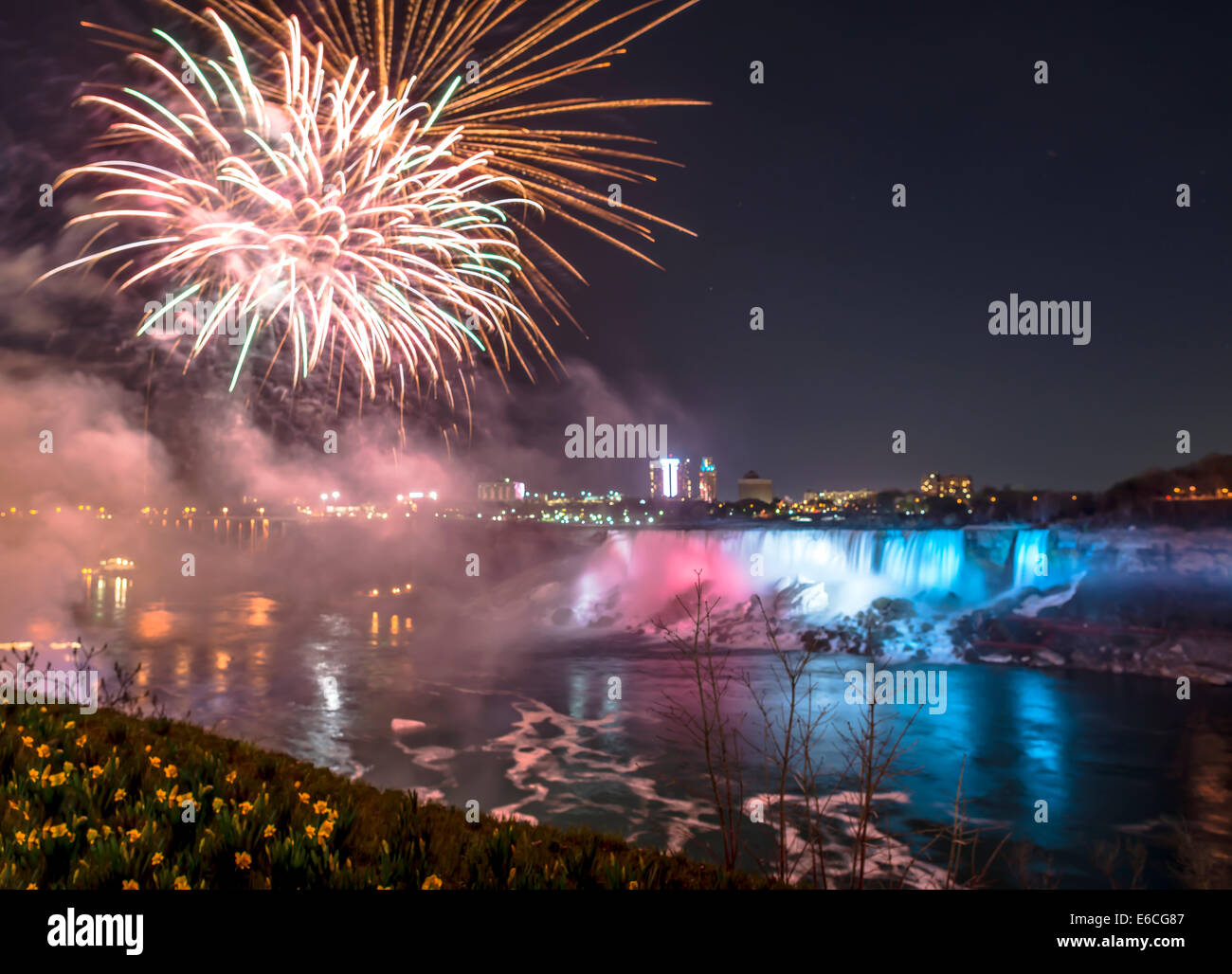 A shot of the fireworks show at Niagra Falls Canada Stock Photo