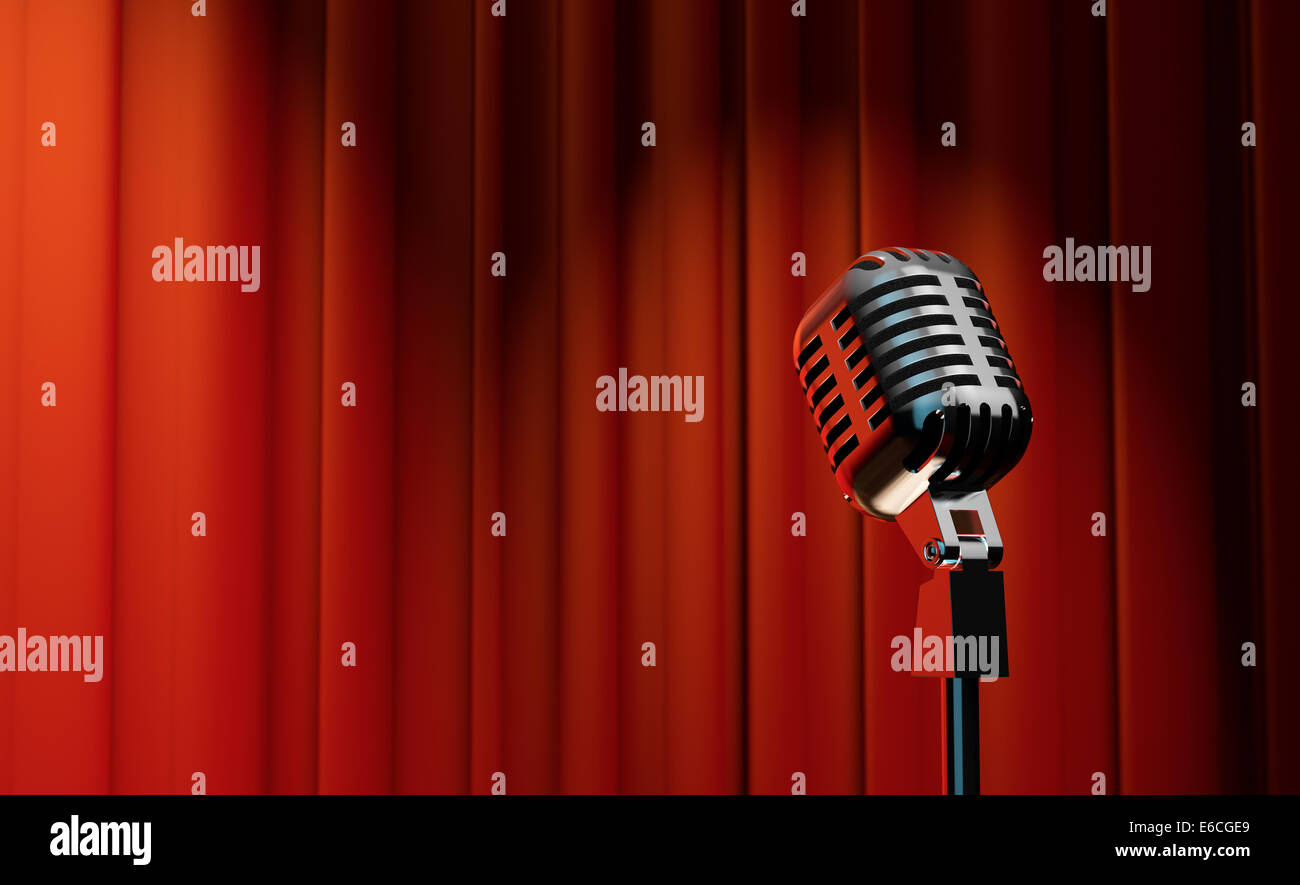 3d retro microphone on red royal curtain background Stock Photo - Alamy