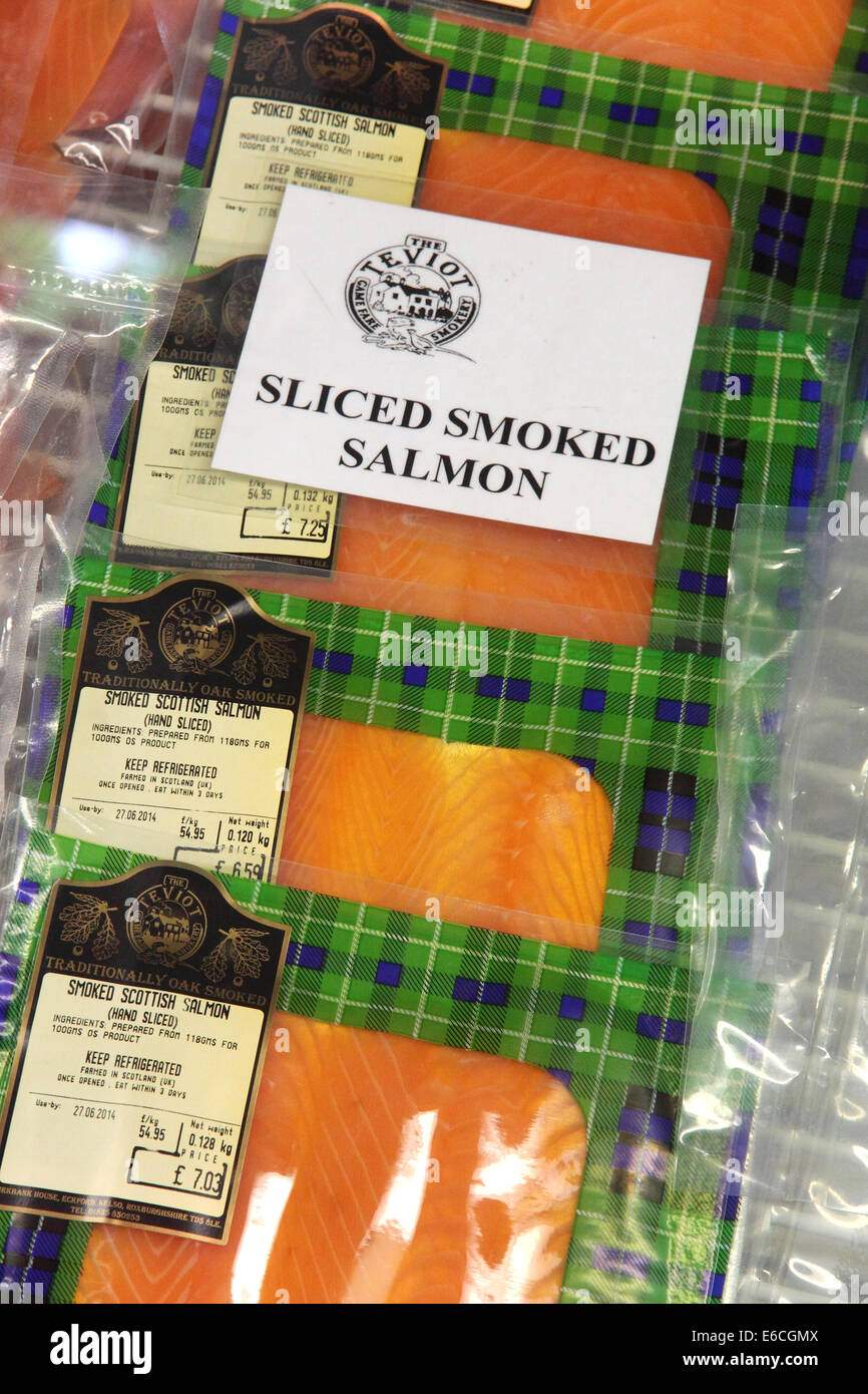 Vacuumpacked sliced smoked Scottish salmon in a smokery outlet shop
