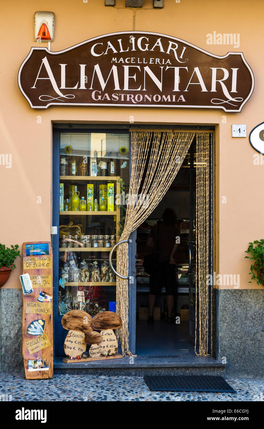 A butcher, grocery and deli shop in the historic old town, Bellagio, Lake Como, Lombardy, Italy Stock Photo