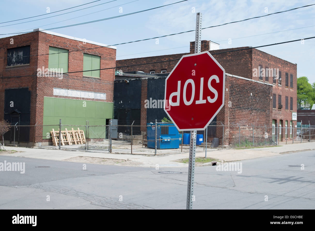 Upside down stop sign in New York Stock Photo