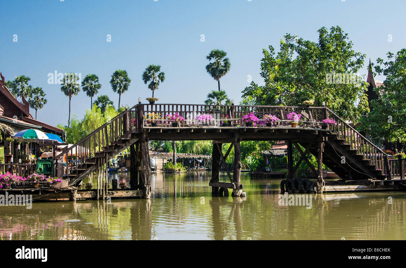 Bridge with floewer in Ayutthaya floating market, Thailand Stock Photo