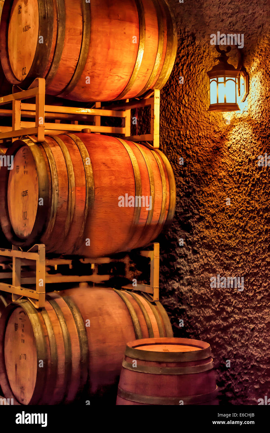USA, Washington, Yakima Valley. Barrel cave in a winery from the Red