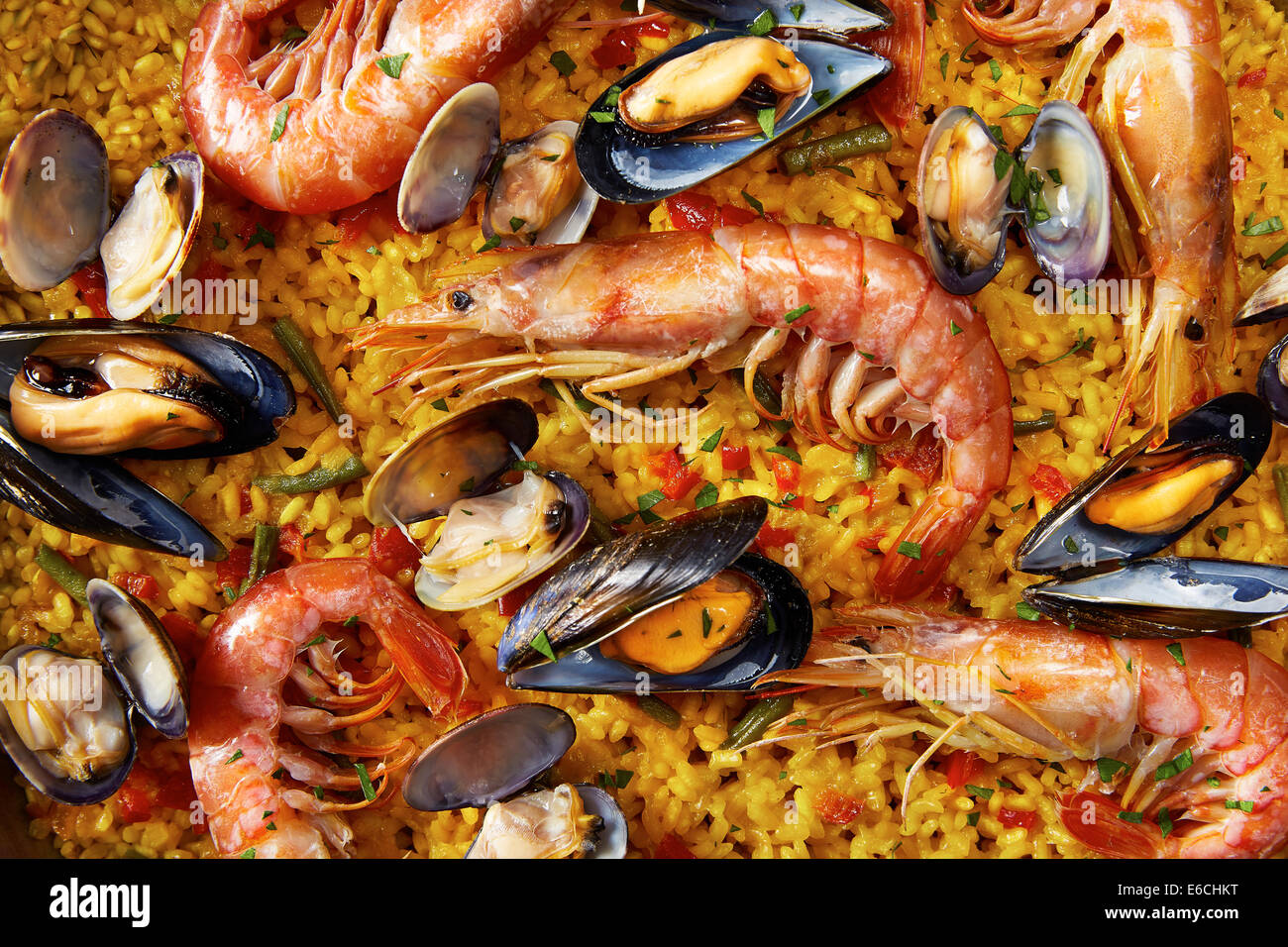 Typical spanish seafood paella close-up Stock Photo