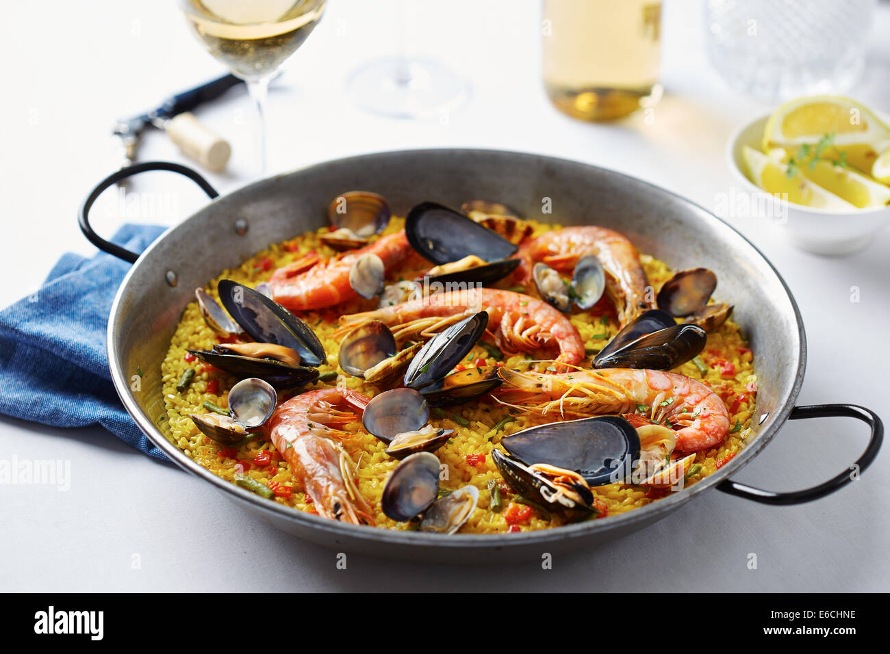 Typical spanish seafood paella in traditional pan Stock Photo