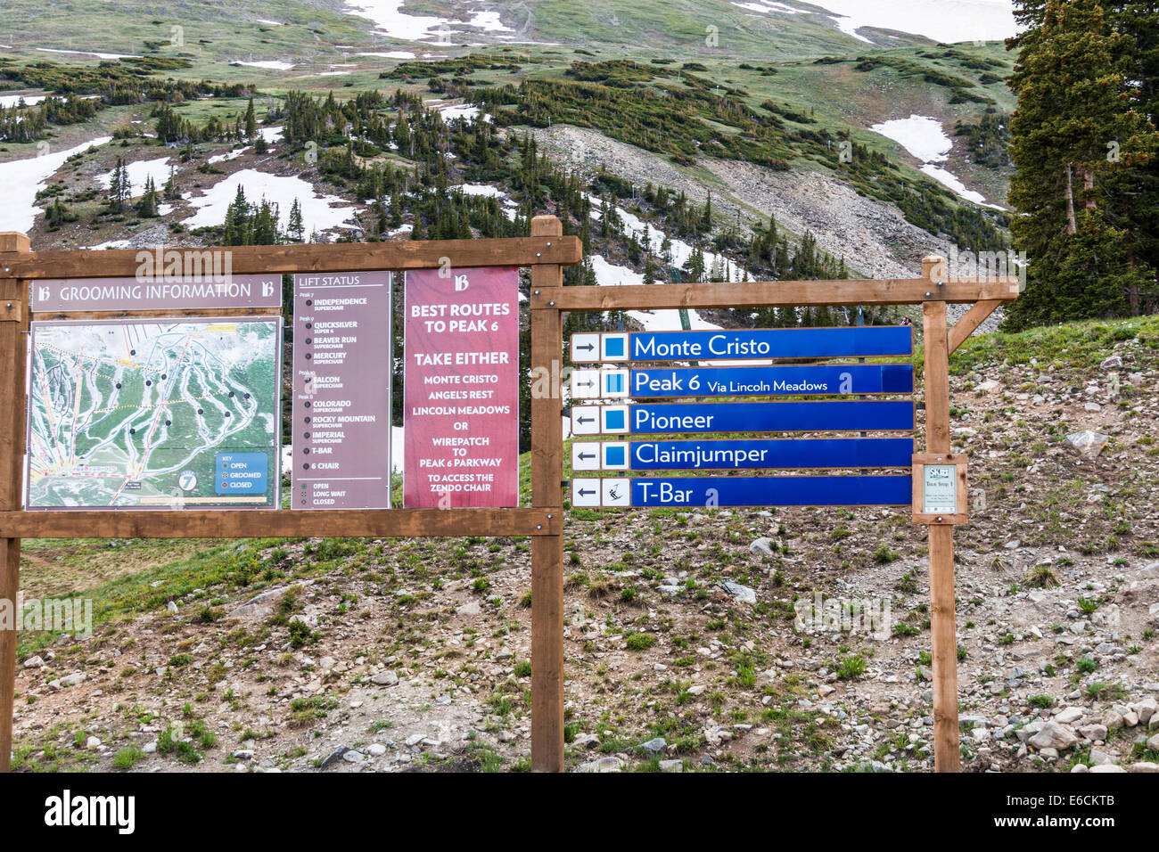 Signs at Peak 7 ski mountain area at Breckenridge, Colorado Stock Photo