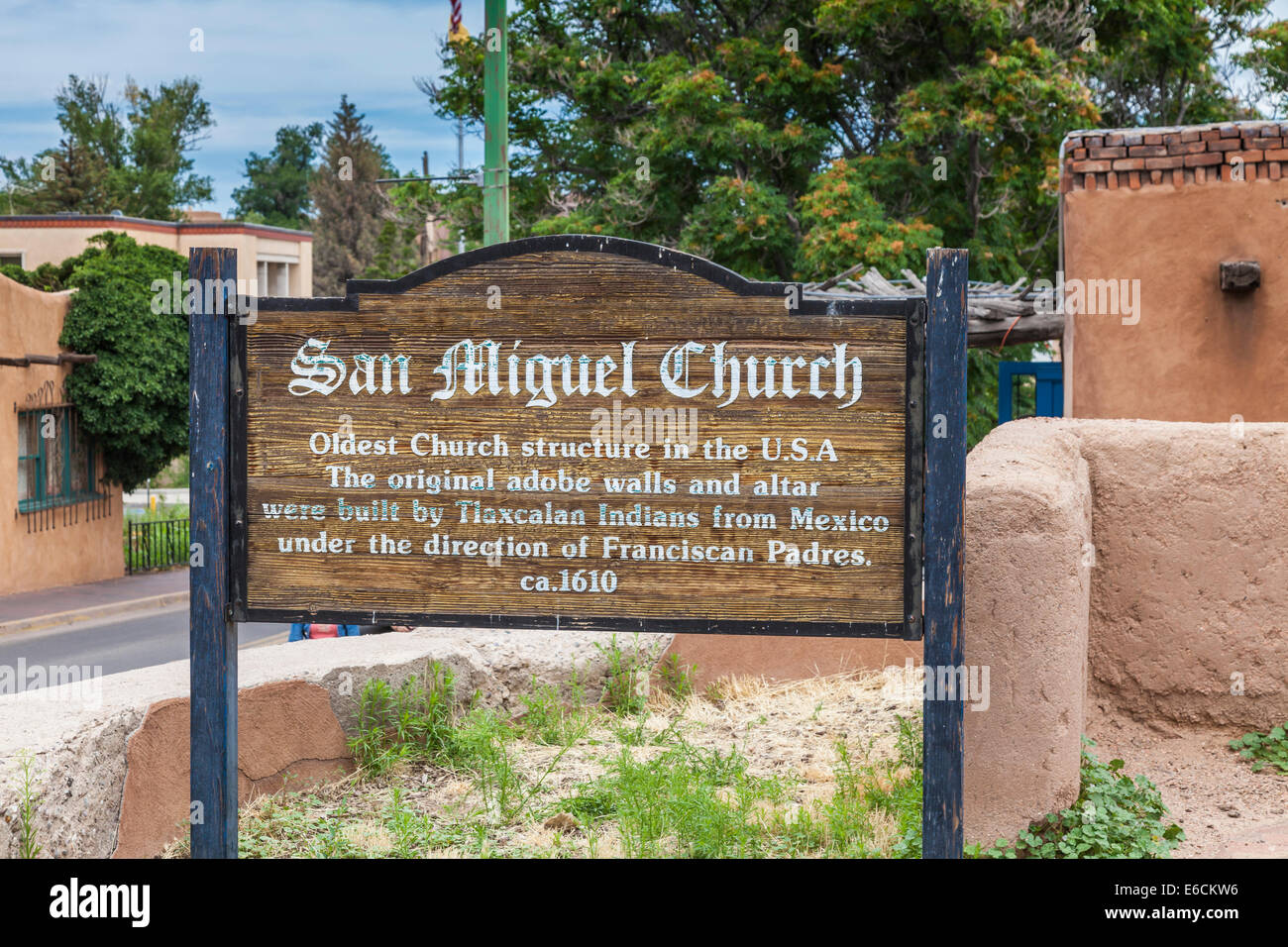 San Miguel Church is the oldest church structure in the US, built by Indians under the guidance of Franciscan priests circa 1610 in Santa Fe. Stock Photo