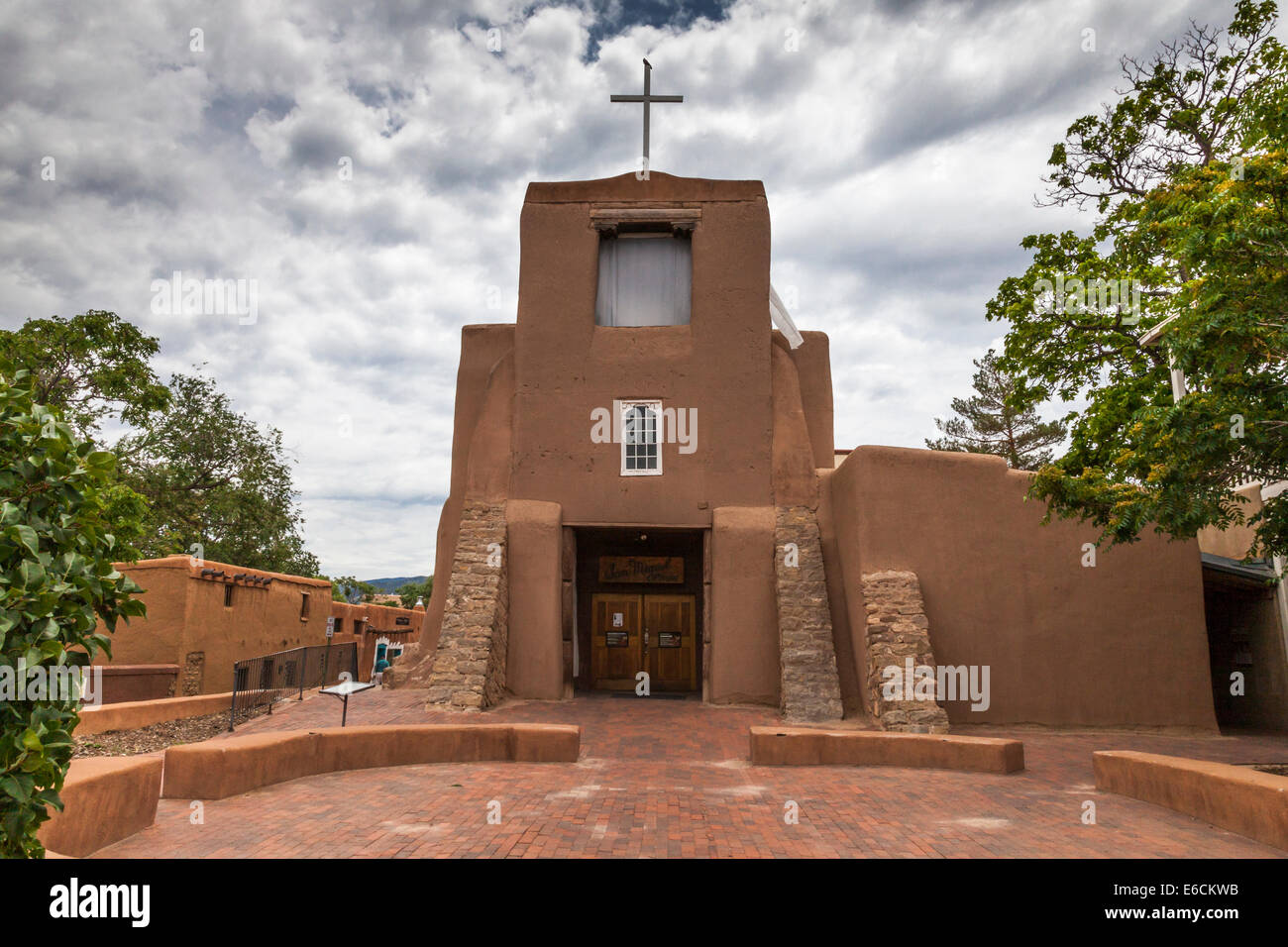 San Miguel Church is the oldest church structure in the US, built by Indians under the guidance of Franciscan priests circa 1610 in Santa Fe. Stock Photo