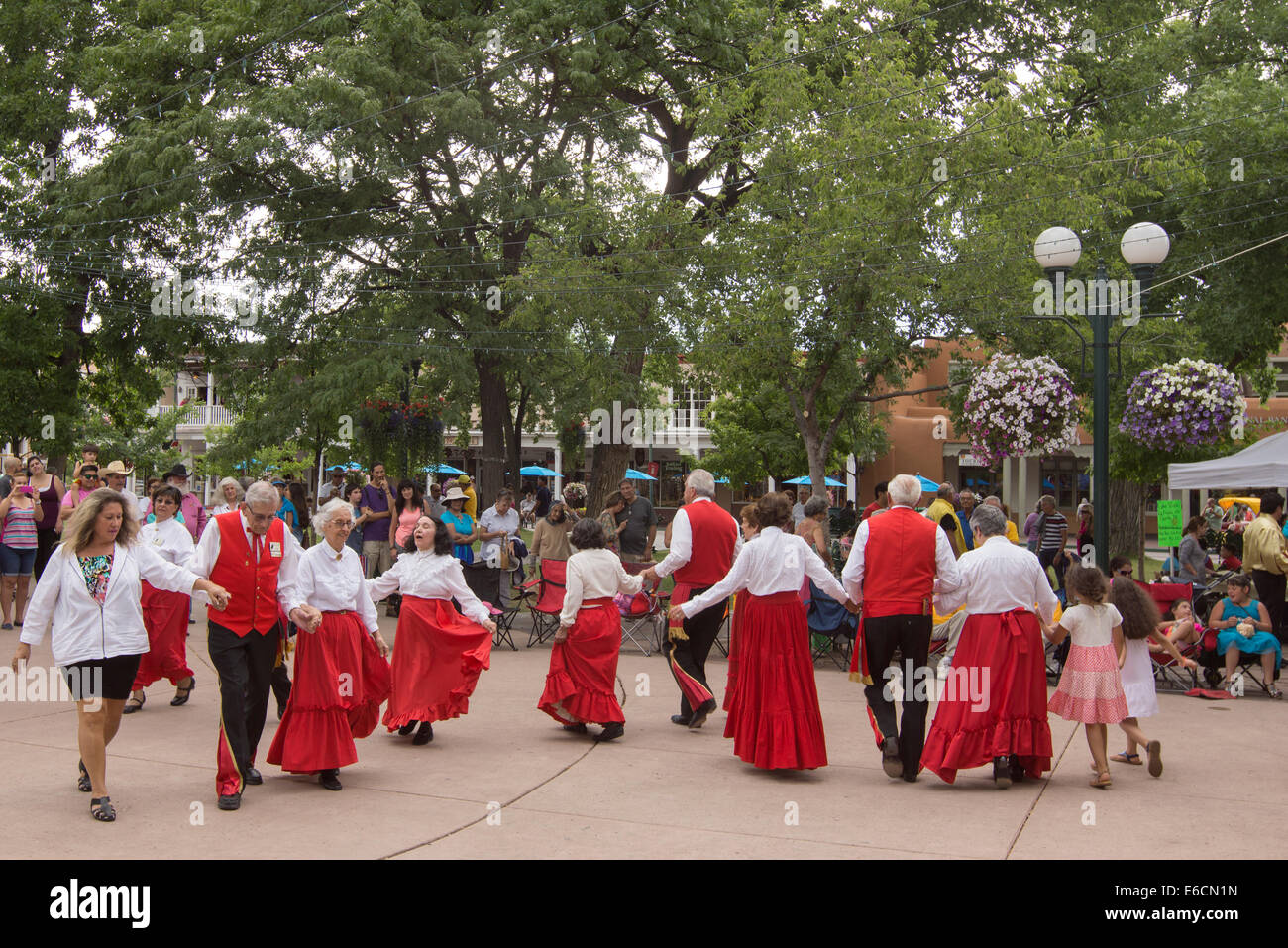 Societa Colonial Espanola, a New Mexican folkloric group, performing traditional dances during Santa Fe Bandstand 2014. Stock Photo