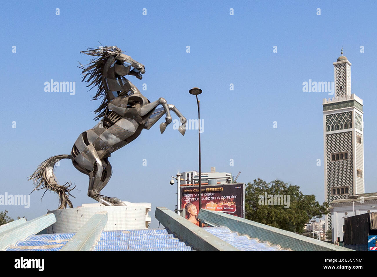 Monument dedicated to Maalaw, horse of the Senegalese resistance fighter Lat Dior Diop, near great mosque donated by  Morocco Stock Photo