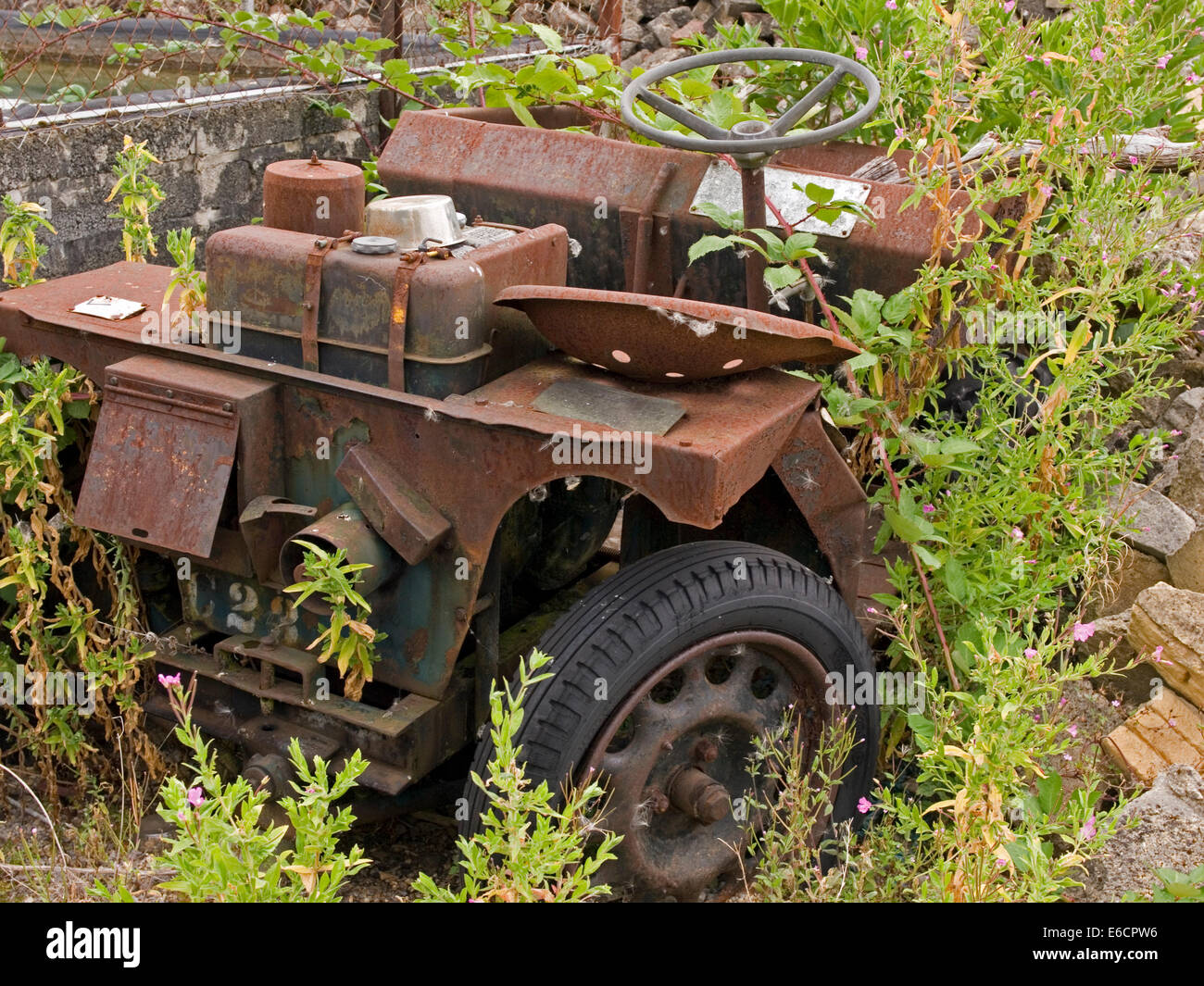 rusty old dumper truck  abandoned surrounded by weeds Stock Photo