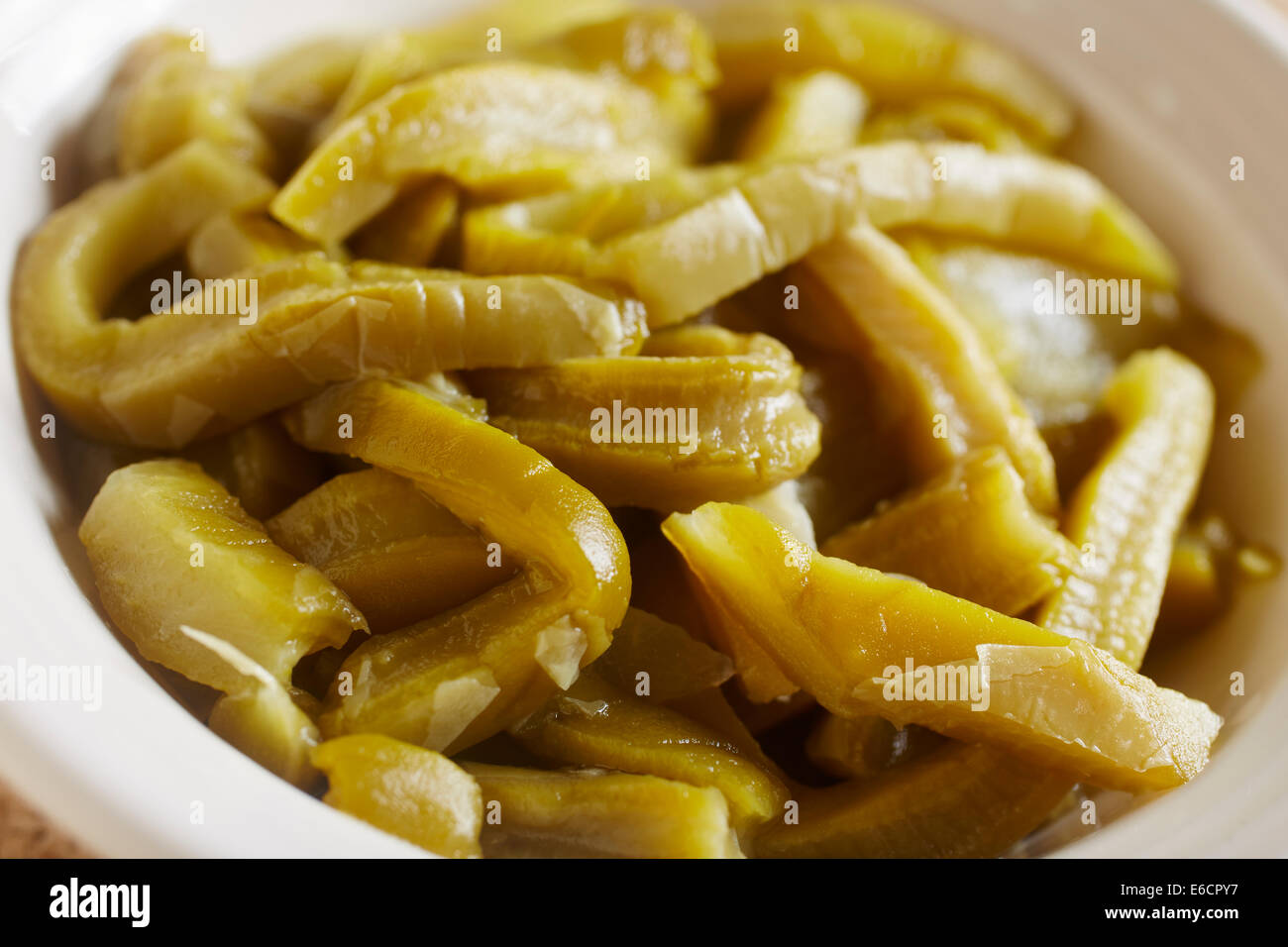 Strips of cooked Prickly Pear Cactus: Nopales Stock Photo