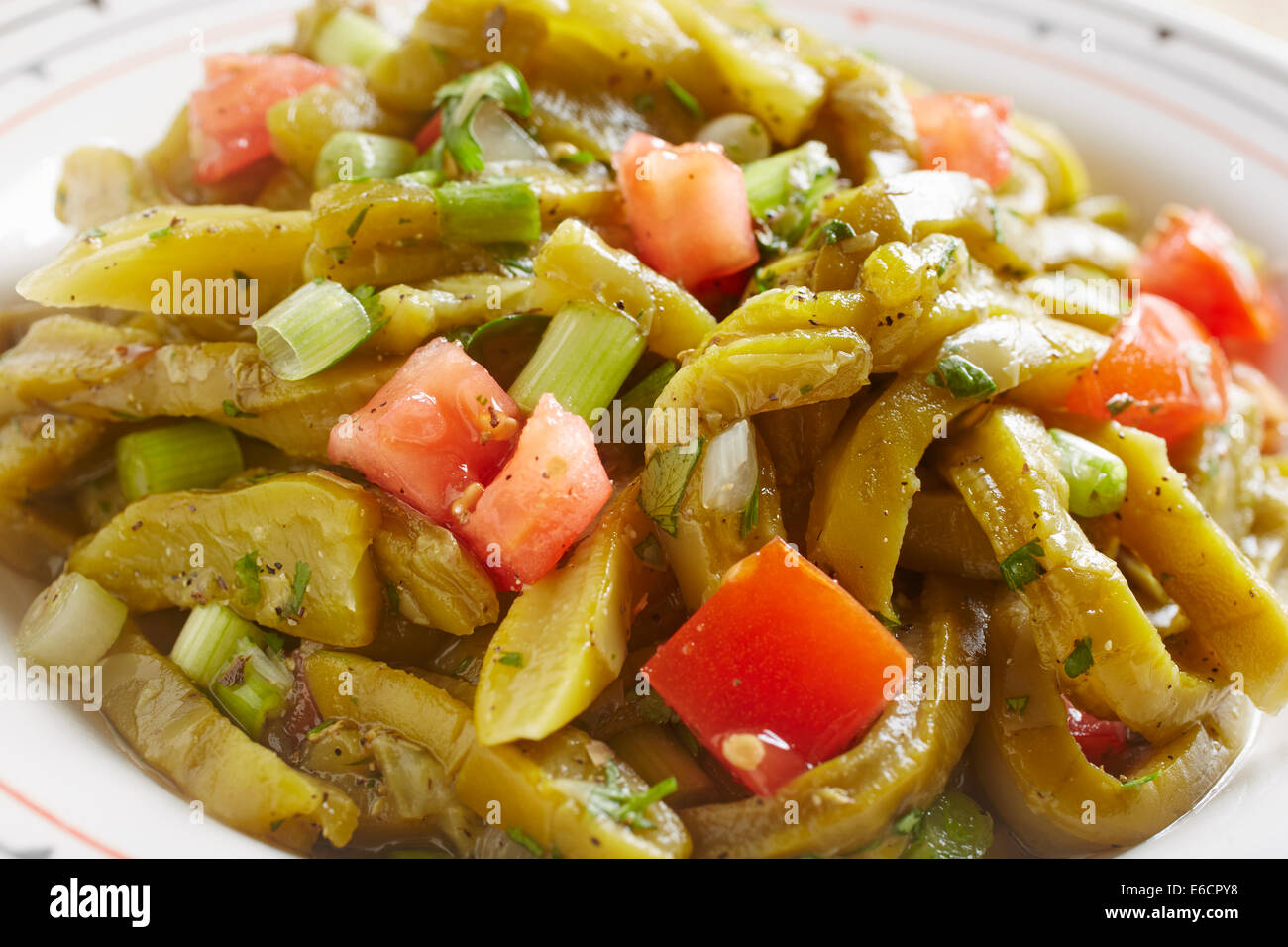Mexican Cactus Salad with Tomatoes and Scallions Stock Photo