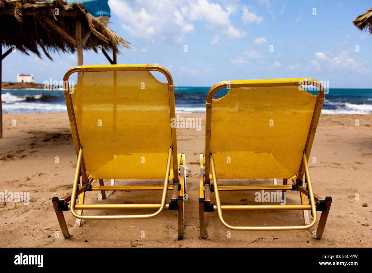 Beach recliners in Malia, Crete Stock Photo Alamy