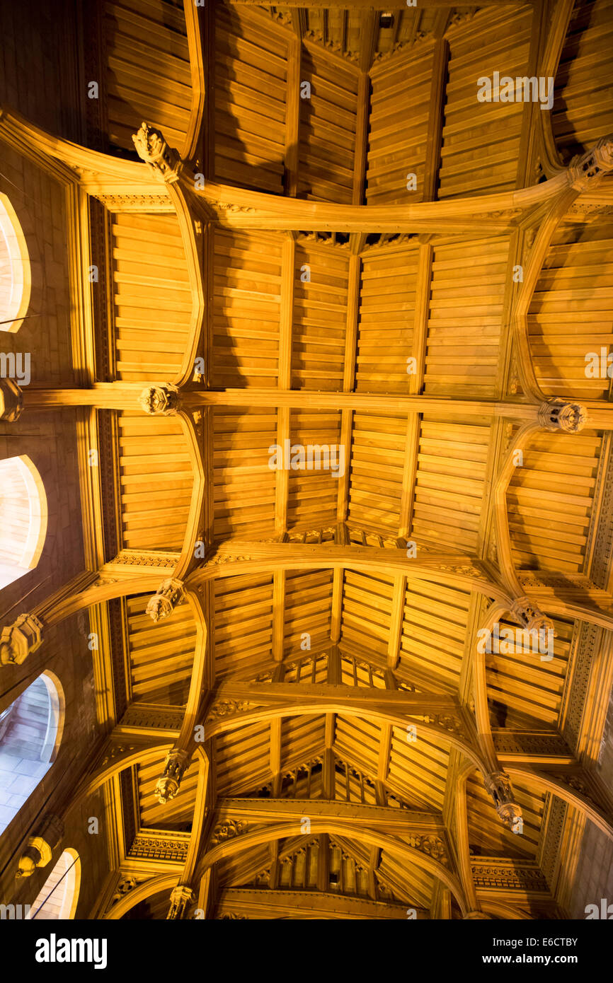 The vaulted wooden ceiling in the Great Hall at Bamburgh Castle in Northumberland, UK. Stock Photo