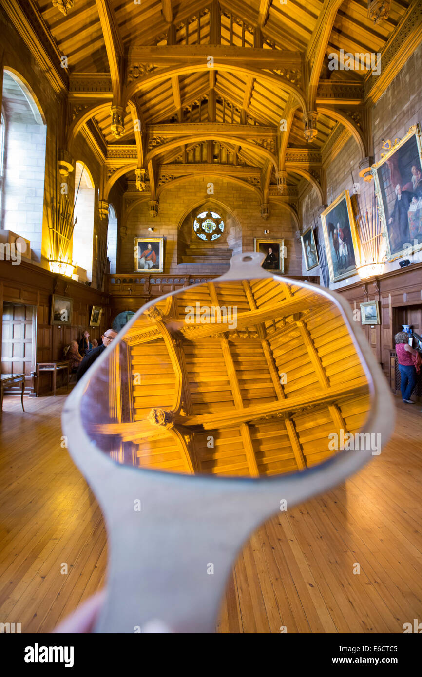 The vaulted wooden ceiling in the Great Hall at Bamburgh Castle in Northumberland, UK. Stock Photo