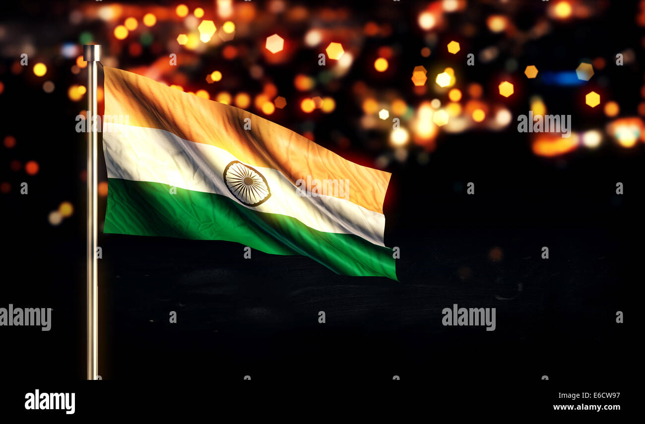 India National Flag City Light Night Bokeh Background 3D Stock Photo