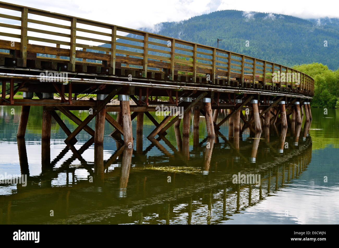 The longest wooden fresh water pier in North America.  Located in Salmon Arm, British Columbia, Canada. Stock Photo