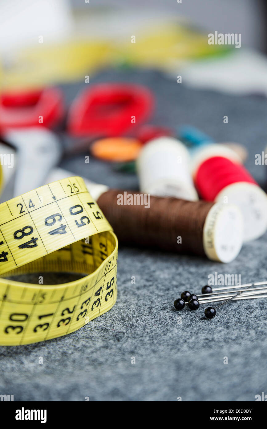 Tools for sewing pins, thread, buttons, pins, scissors, tape Stock