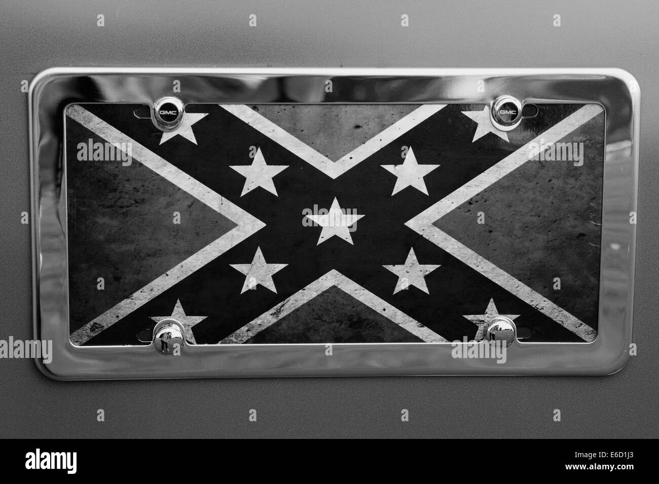 Confederate Badge on a 1960's American classic car Black and white] Stock Photo