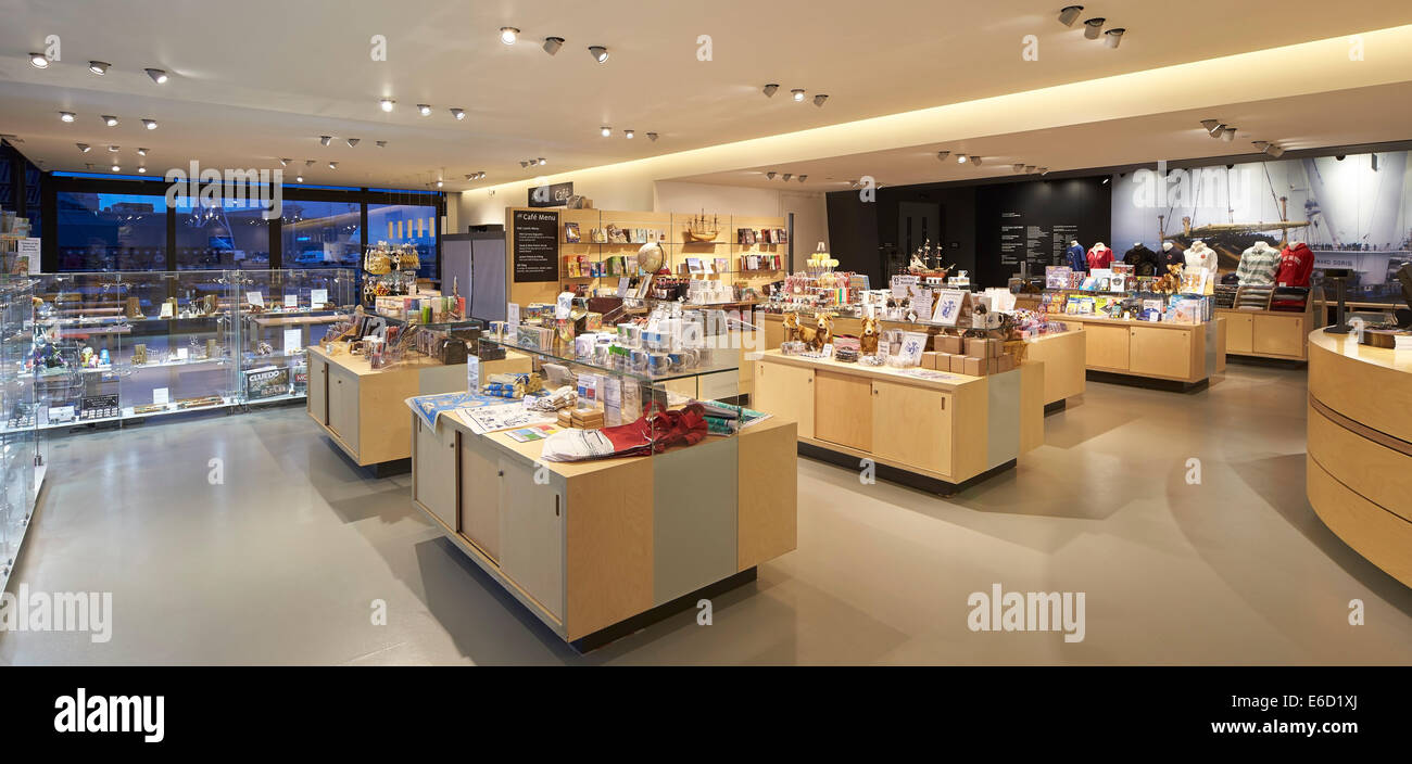 The Mary Rose Museum, Portsmouth, United Kingdom. Architect: Pringle Brandon LLP, 2013. Museum shop with gift display cubes. Stock Photo