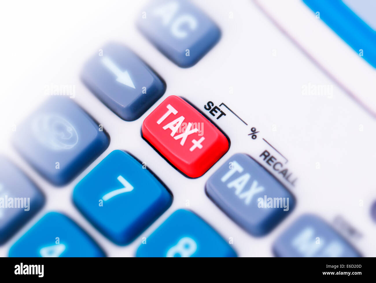 Close up macro shot of calculator with tax button Stock Photo
