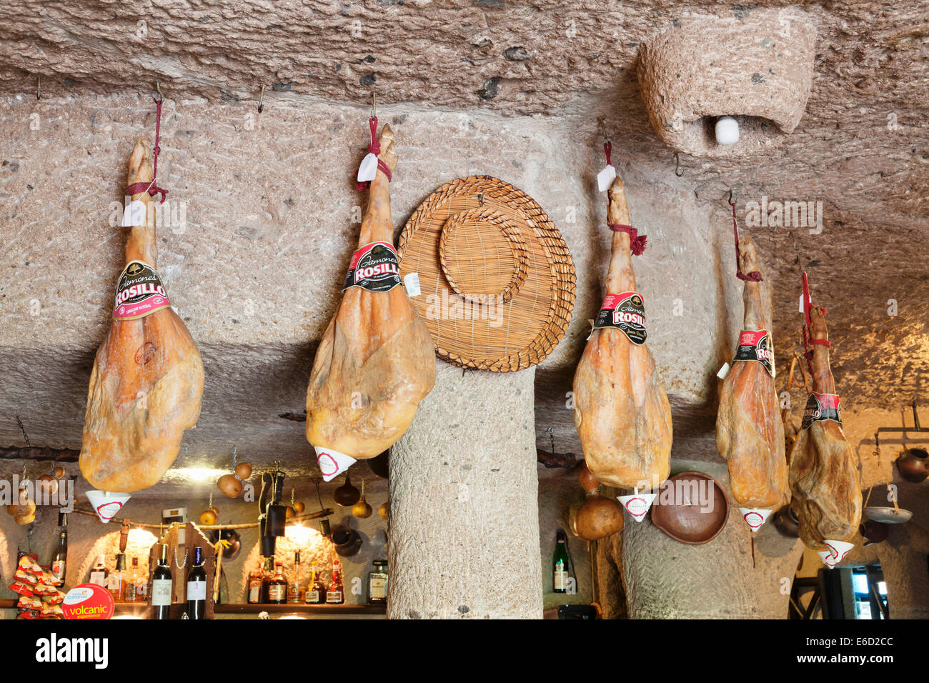 Ham hanging from the ceiling, Tagoror Restaurant, Barranco de Guayadeque, Gran Canaria, Canary Islands, Spain Stock Photo
