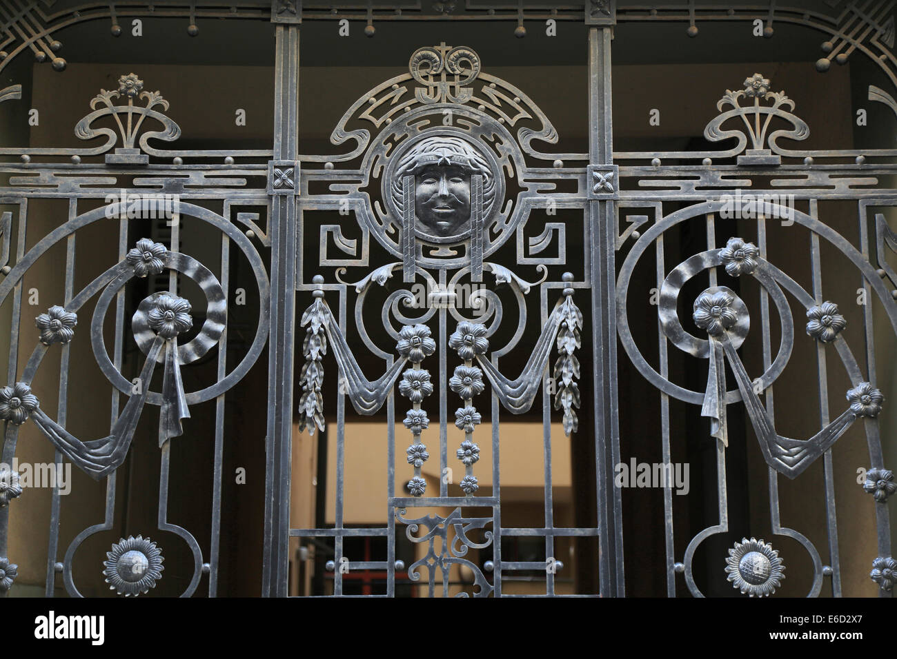 Art Nouveau wrought iron gate, Aldaru iela, Riga, Latvia Stock Photo