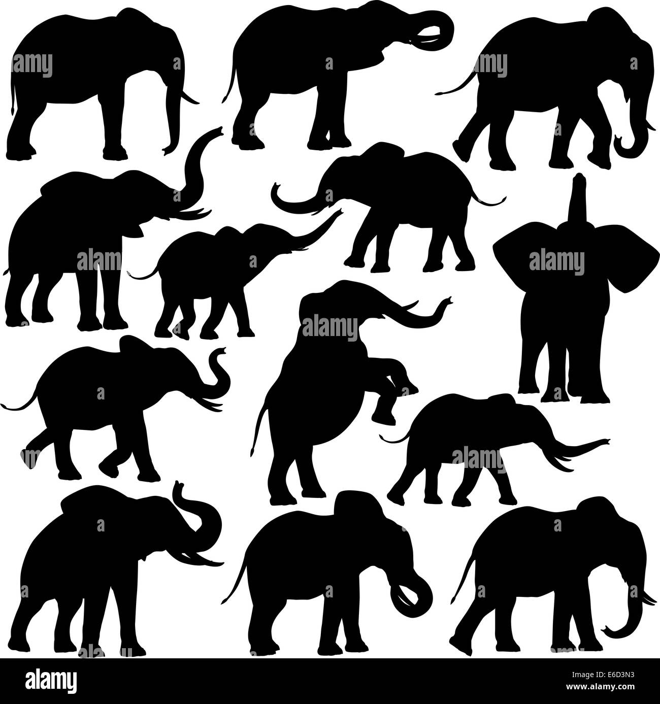 Set of editable vector silhouettes of African elepants in various poses Stock Vector