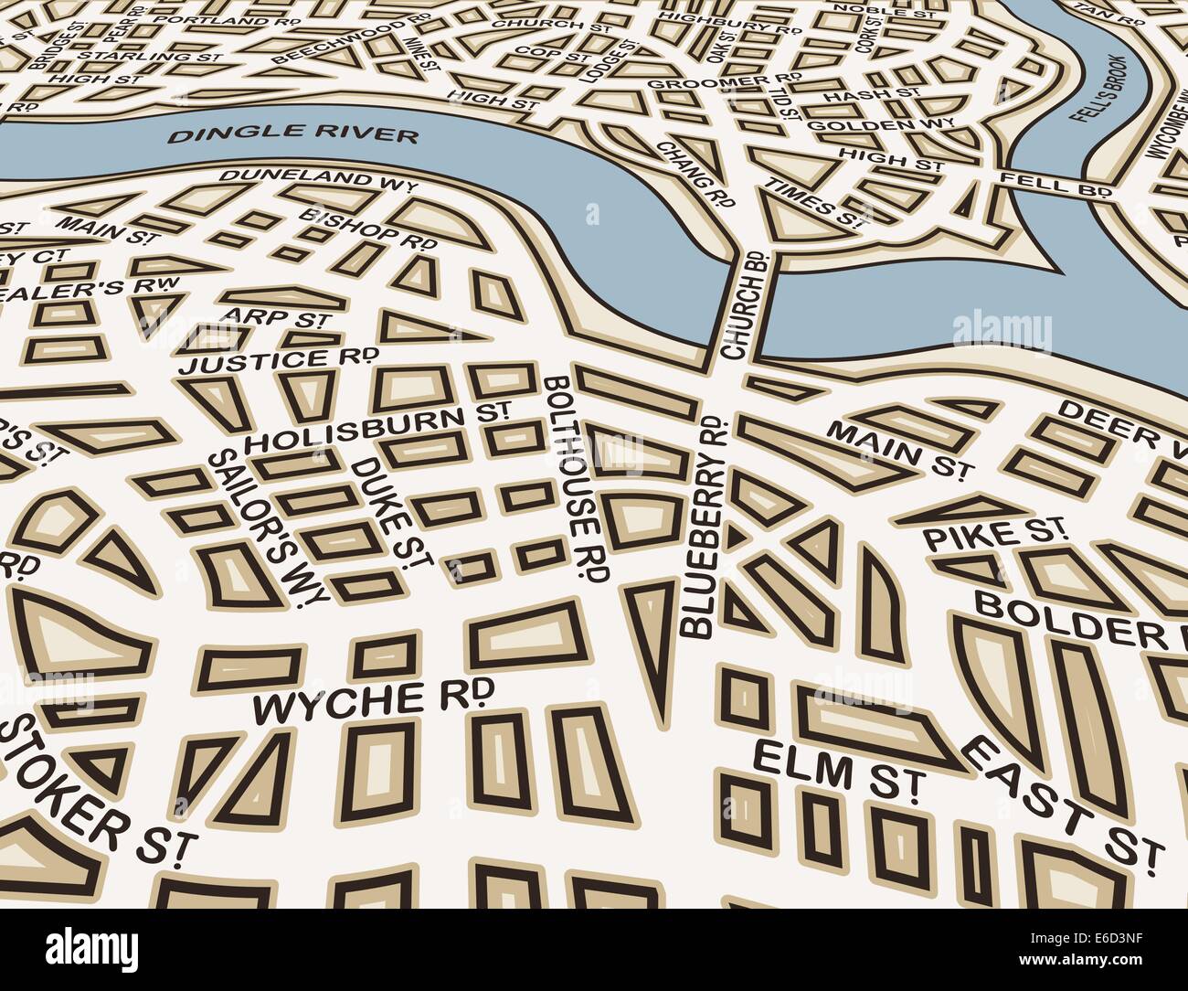 Editable vector street map of an angled generic city with street names Stock Vector