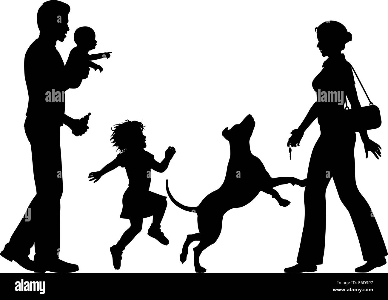 Editable vector silhouettes of a woman welcomed home by husband, children and dog with all figures as separate objects Stock Vector