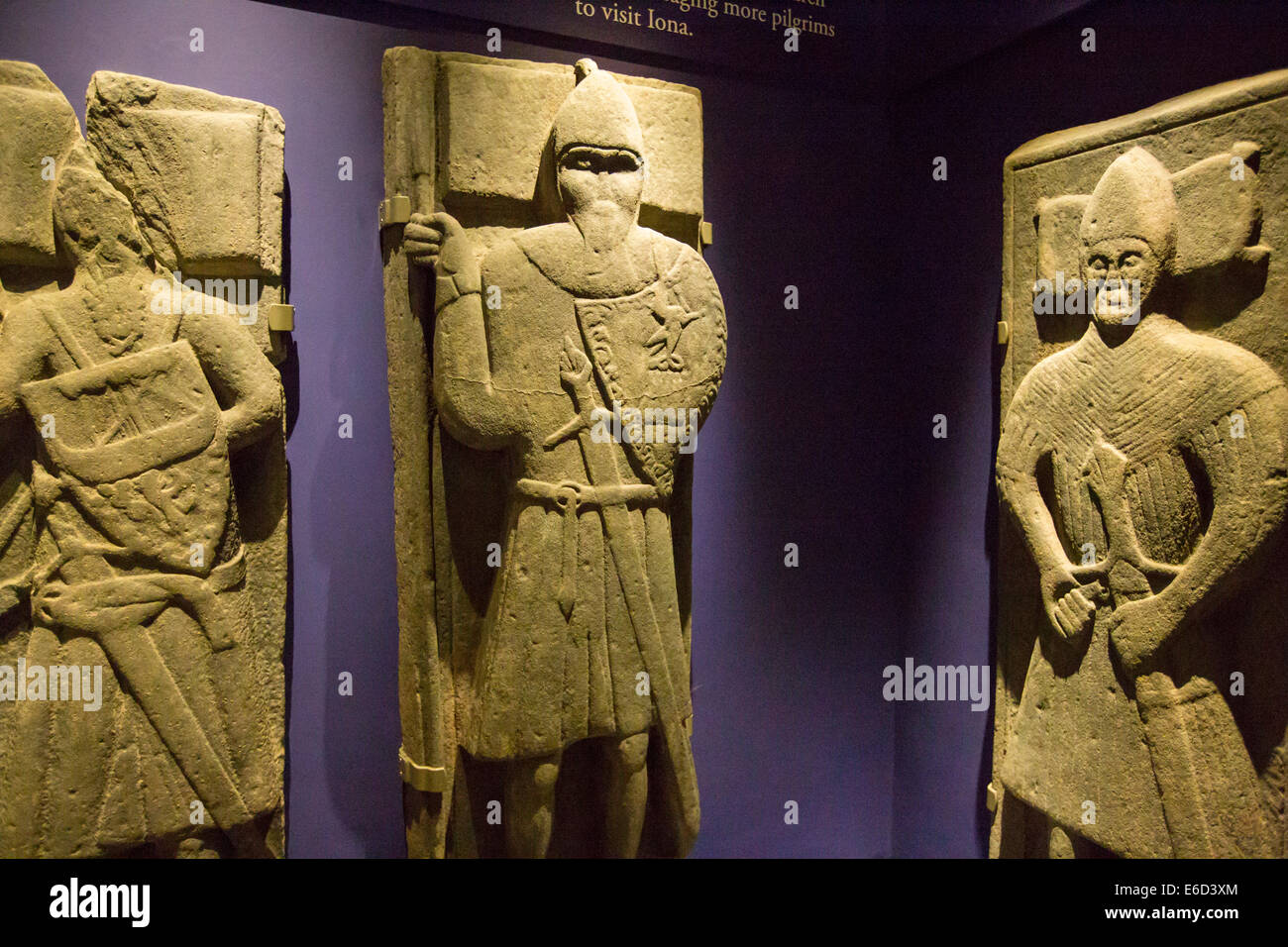 An ancient preserved grave slab in Iona Abbey on Iona, off Mull, Scotland, UK. Stock Photo