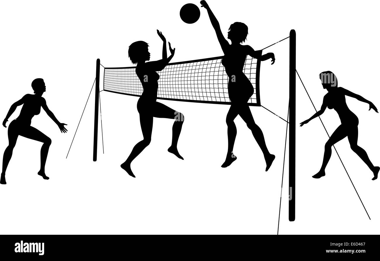 Editable vector silhouettes of women playing beach volleyball with