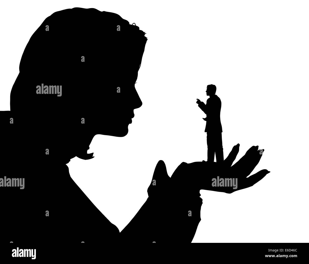 Editable vector silhouette of a miniature man in the palm of a woman's hand with both figures as separate objects Stock Vector