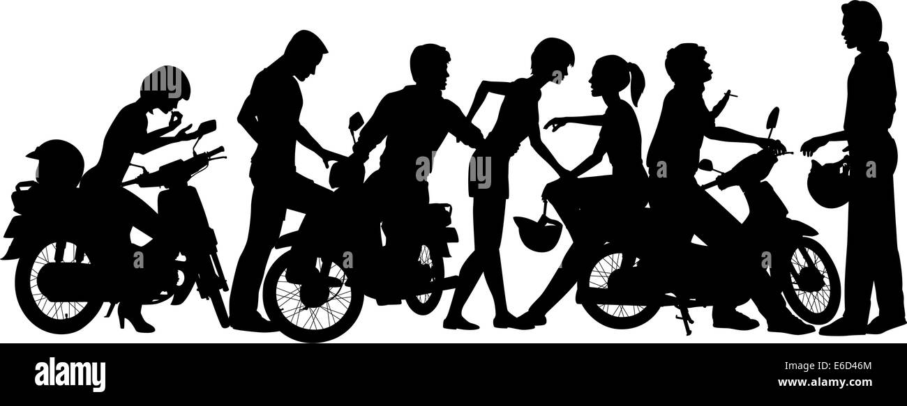 Editable vector silhouettes of a young motorcycle gang with all people and scooters as separate objects Stock Vector