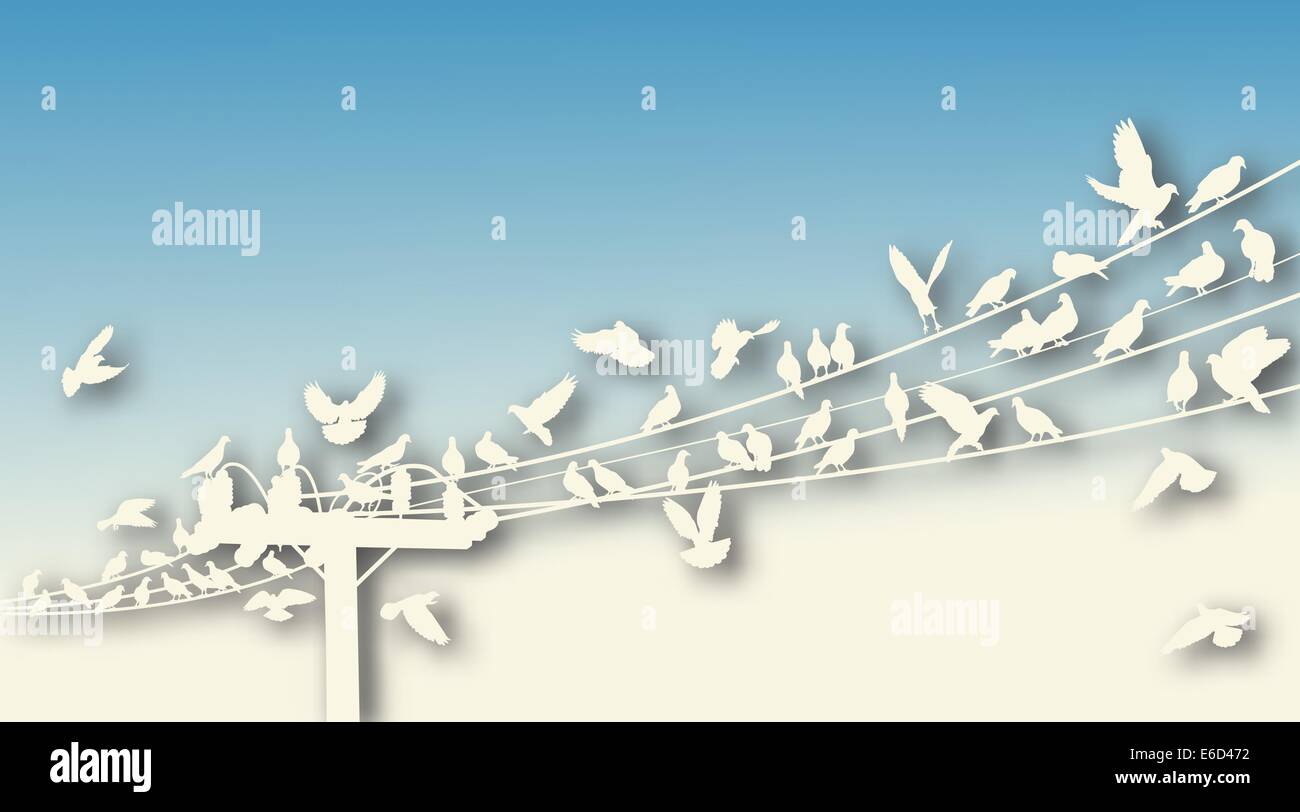Editable vector cutout of birds roosting on telegraph wires with background made using a gradient mesh Stock Vector