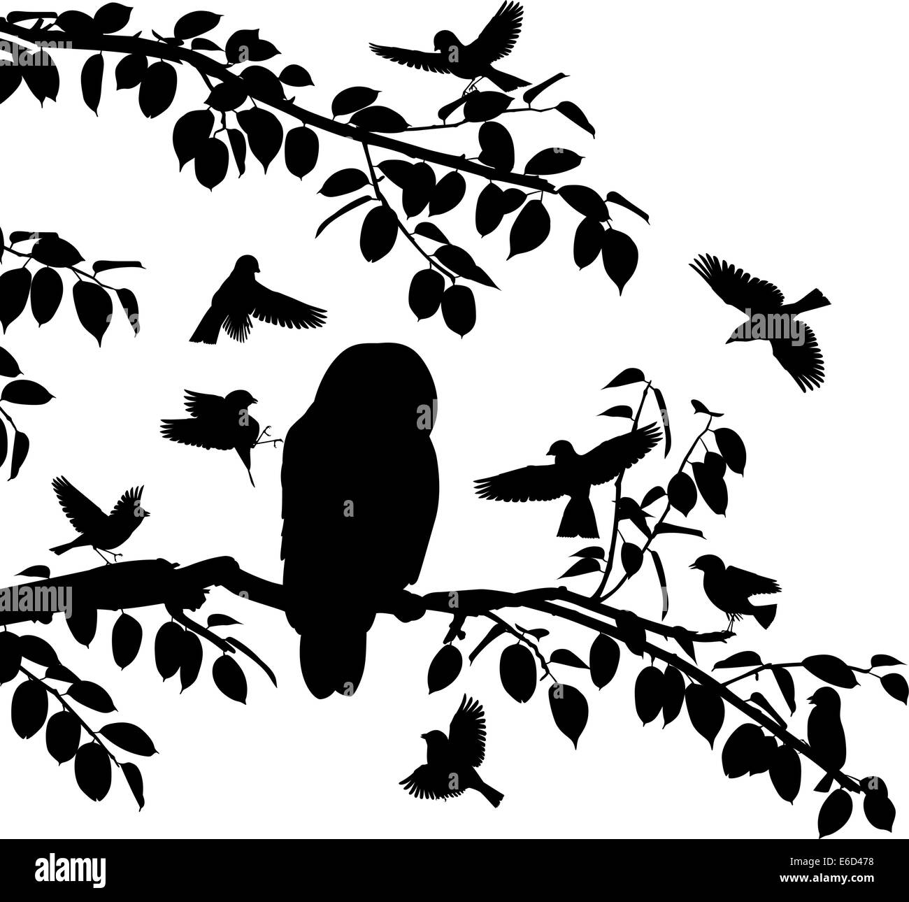 Editable vector silhouettes of songbirds mobbing an owl with all birds as separate objects Stock Vector