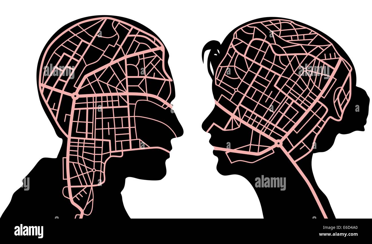 Editable vector illustration of roadmaps in the minds of a man and woman Stock Vector