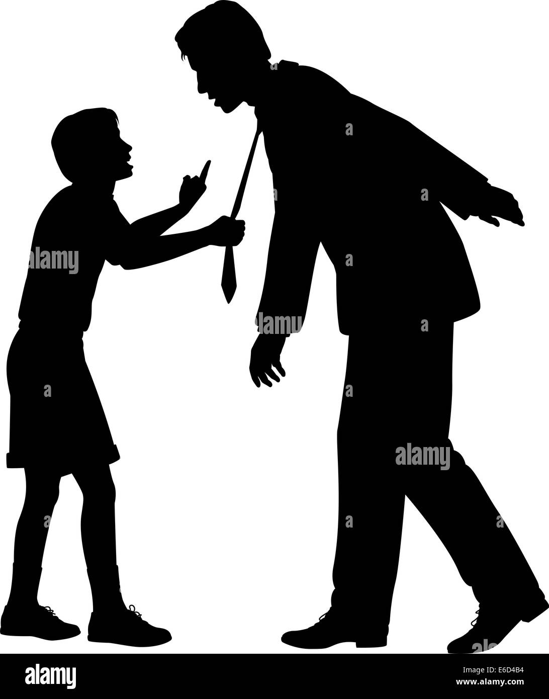 Editable vector silhouette of a young boy warning a man who could be his father or a businessman as a concept of responsibility Stock Vector