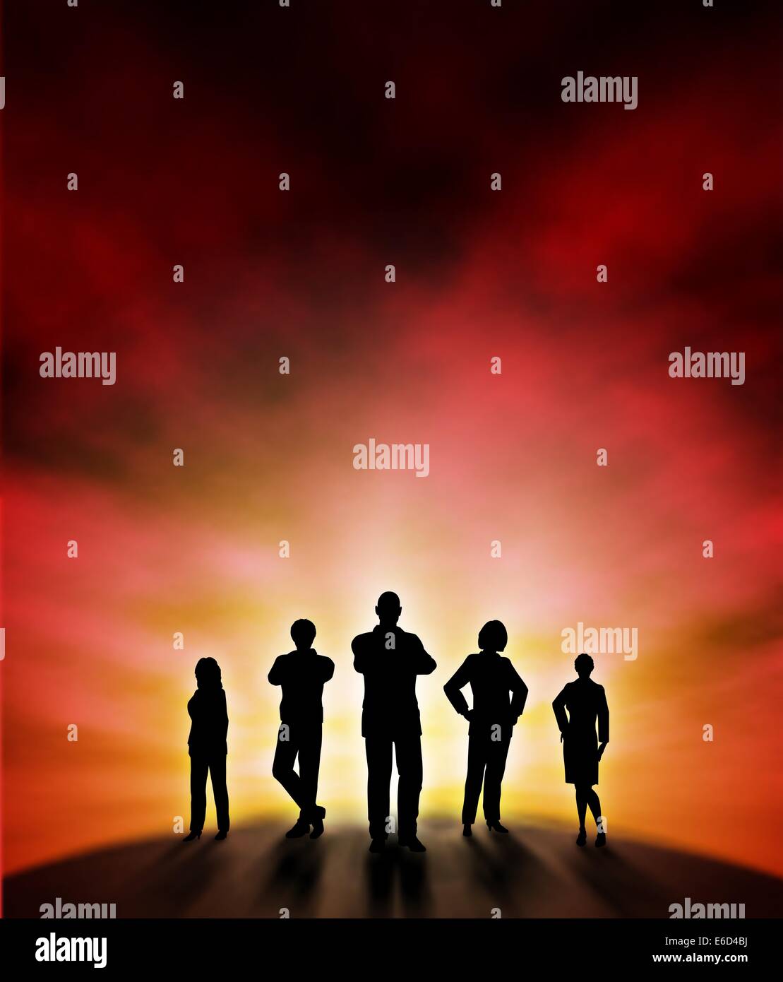 Editable vector illustration of a business team silhouette standing at a new dawn with background made using a gradient mesh Stock Vector