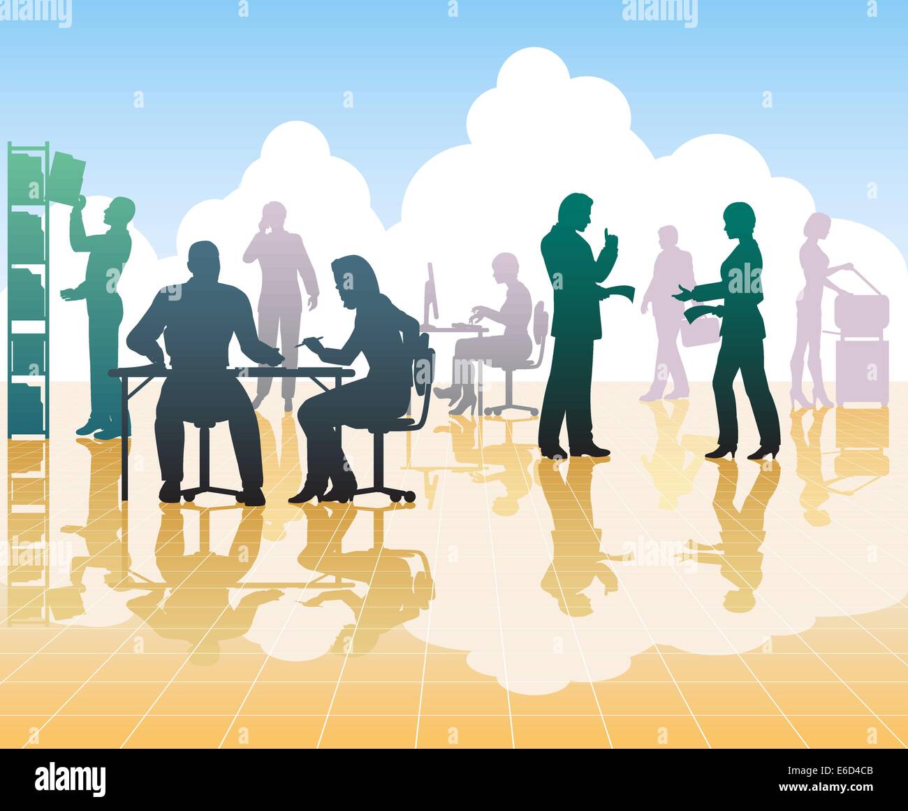 Editable vector silhouettes of people in a busy office with reflections Stock Vector