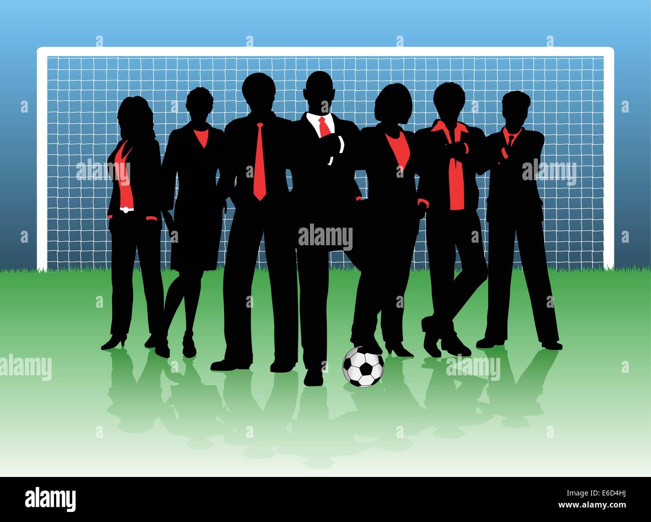 Editable vector illustration of a business team on a soccer pitch Stock Vector