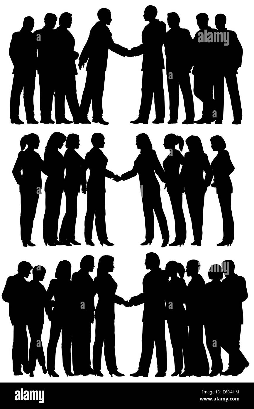 Three sets of editable vector silhouettes of business groups meeting ...