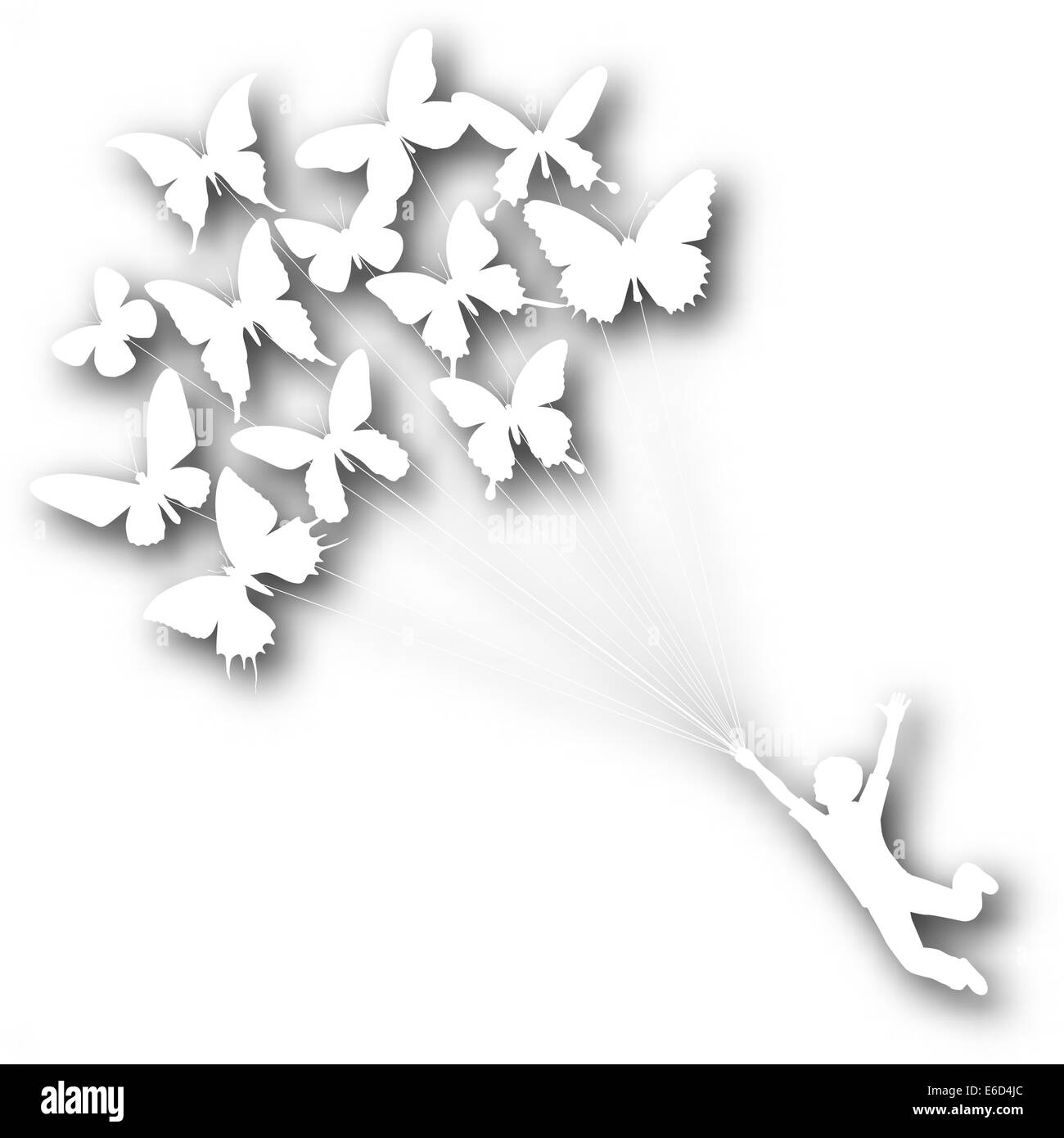 Vector cutout silhouette of a boy carried by flying butterflies with background shadow made using a gradient mesh Stock Vector