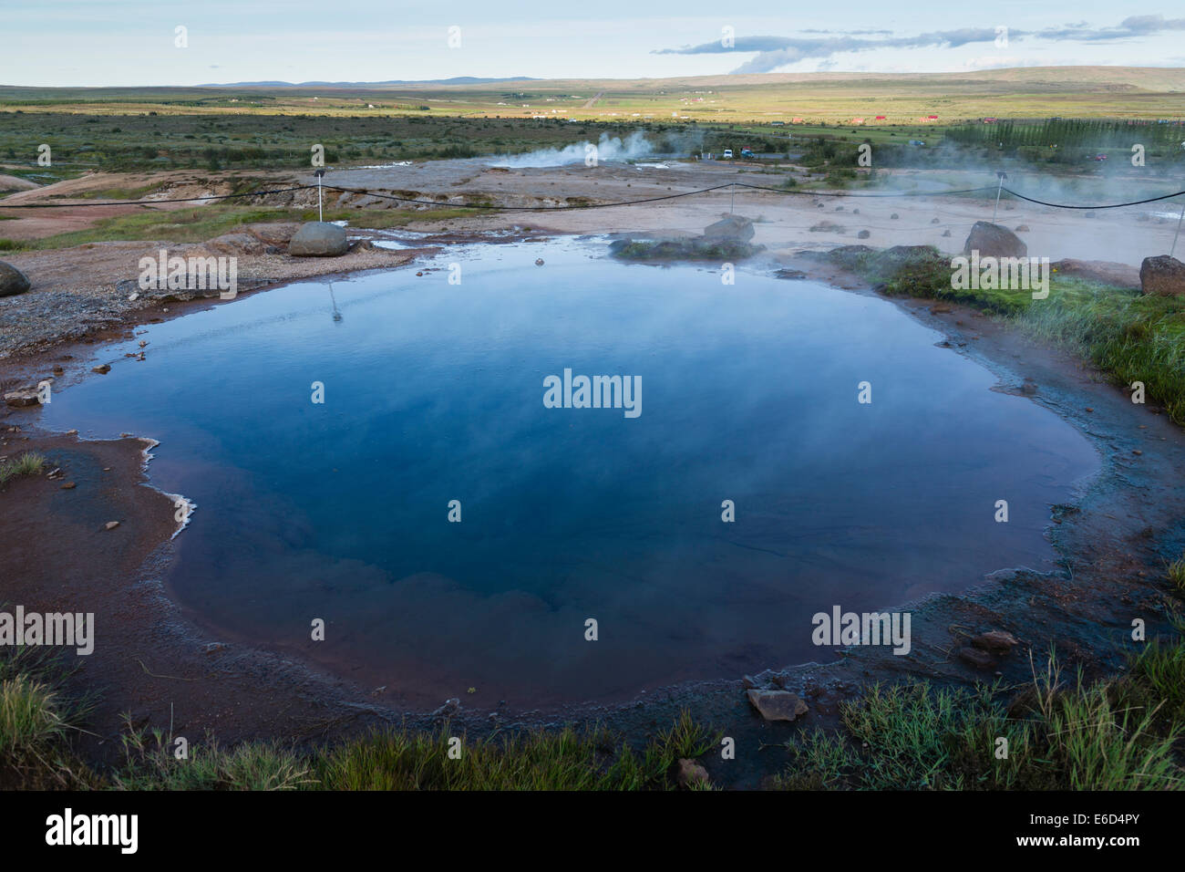 Bioluminescent, geothermal pools next to the Strokkur geyser, in Thingvellir National Park, Iceland. Stock Photo