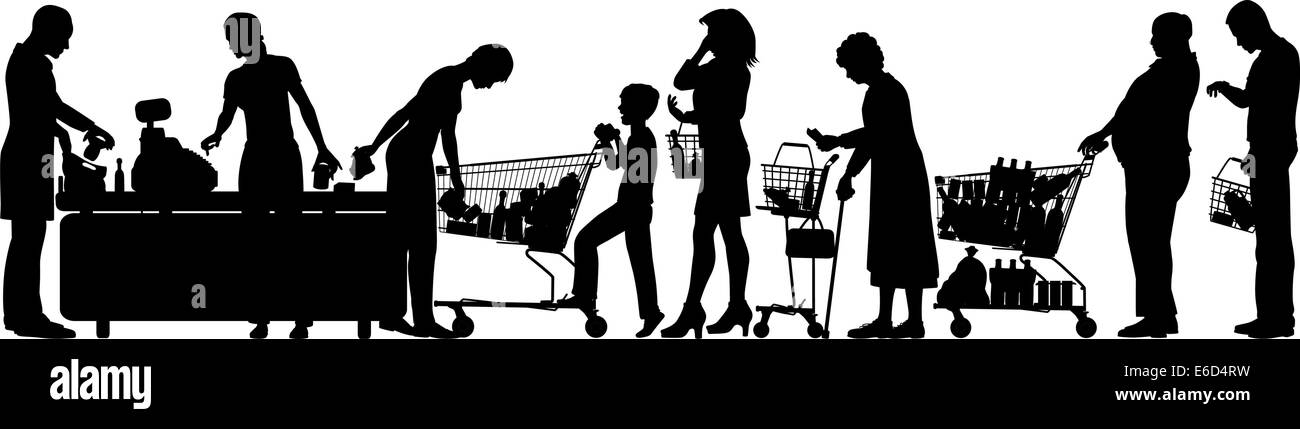 Editable vector silhouettes of people in a supermarket checkout queue with all elements as separate objects Stock Vector